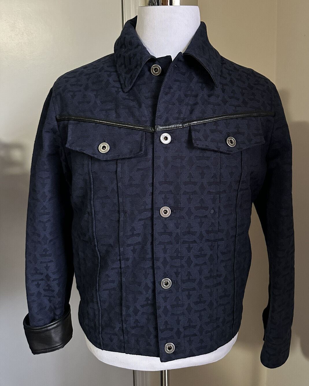 Neu 1490 $ Salvatore Ferragamo Herren Baumwolle/Lederjacke Schwarz/Blau 40 US/50 Eu