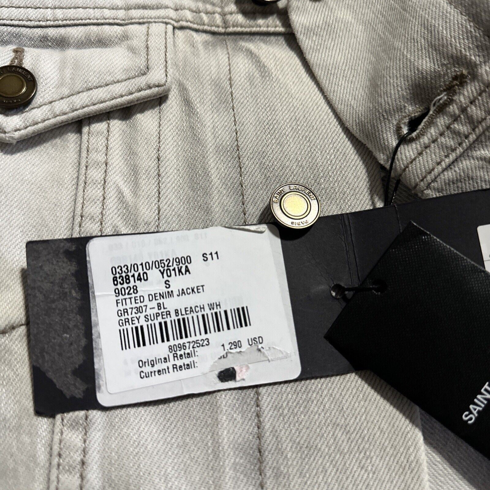 Neu 1290 $ Saint Laurent Taillierte Jeansjacke für Herren, Grau Super Bleach S