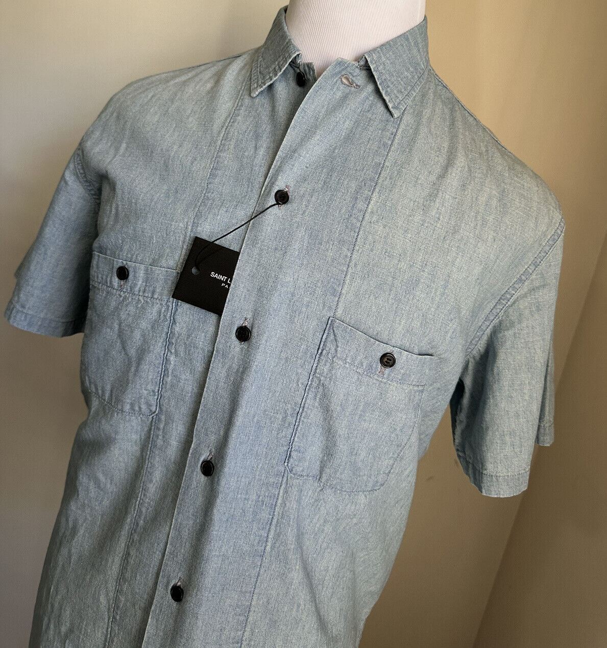 NWT $950 Saint Laurent Men Short Sleeve Denim Shirt Blue Size L