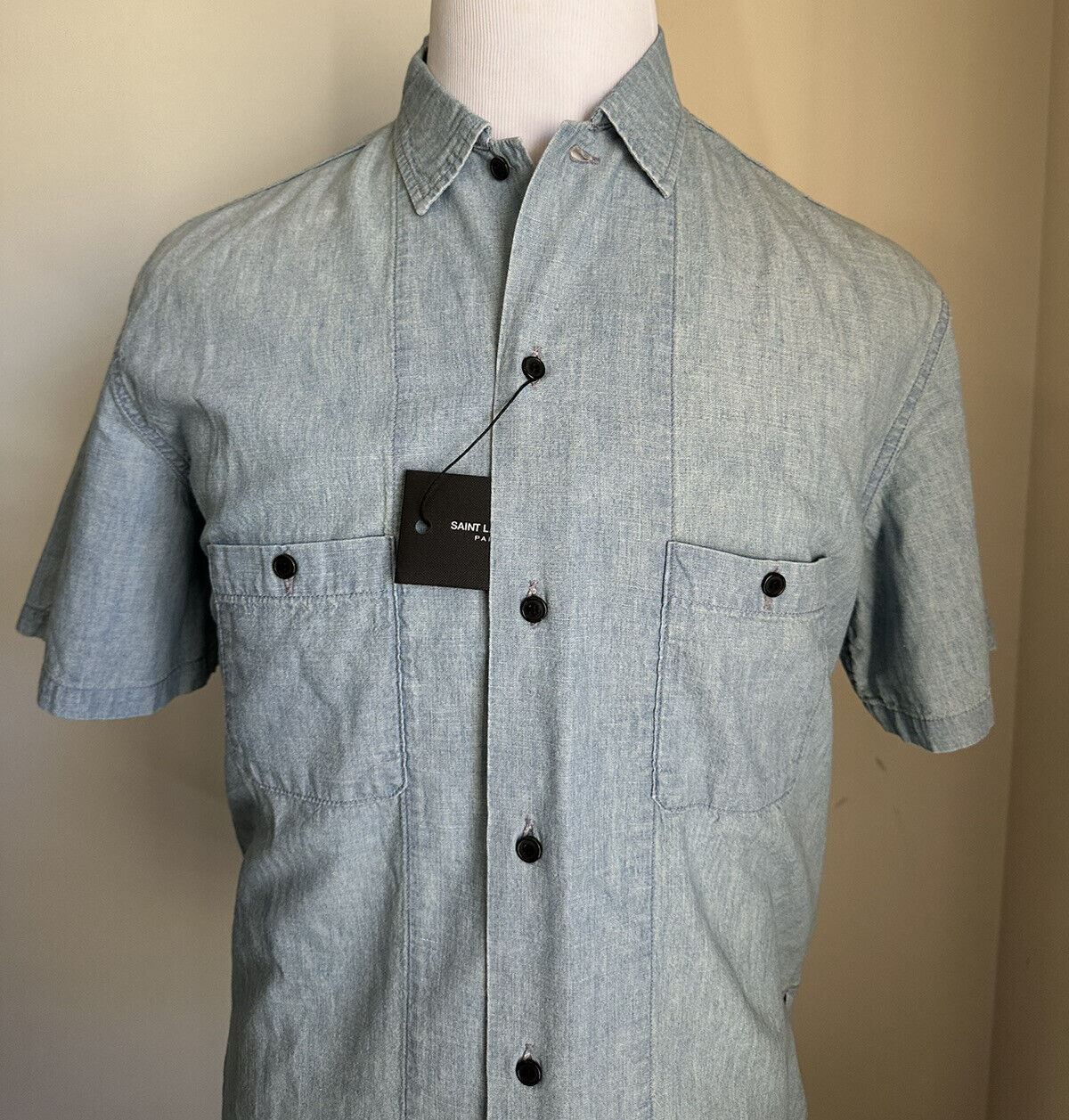 NWT $950 Saint Laurent Men Short Sleeve Denim Shirt Blue Size L