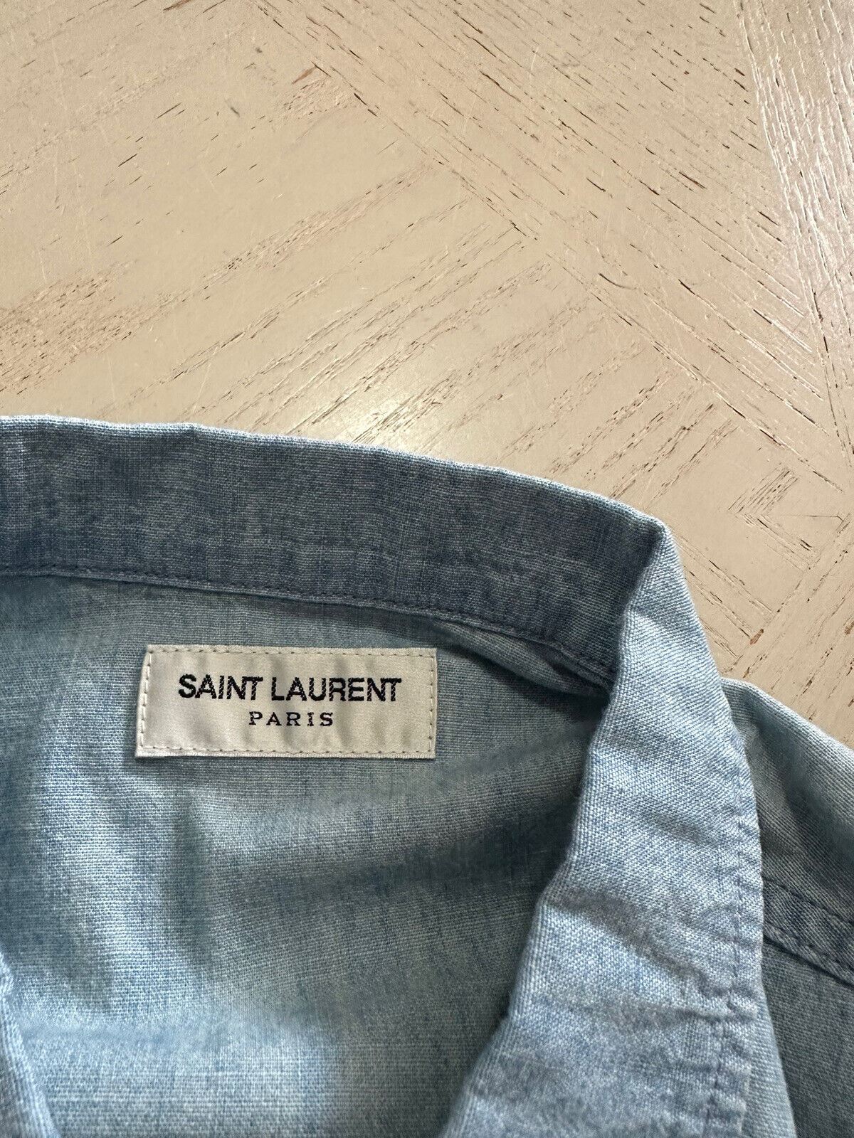 NWT $950 Saint Laurent Men Short Sleeve Denim Shirt Blue Size L