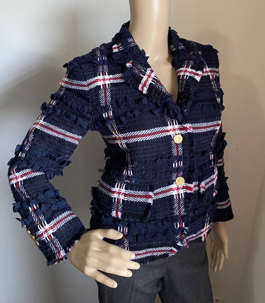 Neue $4900 Thom Browne Damen-Blazerjacke mit Karomuster aus Wollmischung, Marineblau, 38/2, Italien