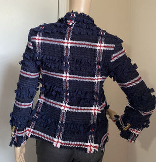 Neue $4900 Thom Browne Damen-Blazerjacke mit Karomuster aus Wollmischung, Marineblau, 38/2, Italien