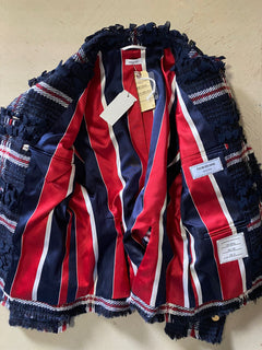 Neue $4900 Thom Browne Damen-Blazerjacke mit Karomuster aus Wollmischung, Marineblau, 38/2, Italien