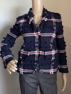 Neue $4900 Thom Browne Damen-Blazerjacke mit Karomuster aus Wollmischung, Marineblau, 38/2, Italien