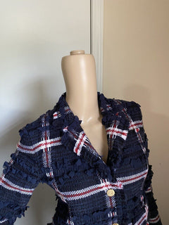 Neue $4900 Thom Browne Damen-Blazerjacke mit Karomuster aus Wollmischung, Marineblau, 38/2, Italien