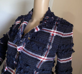 Neue $4900 Thom Browne Damen-Blazerjacke mit Karomuster aus Wollmischung, Marineblau, 38/2, Italien