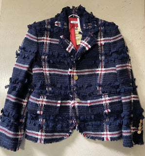 Neue $4900 Thom Browne Damen-Blazerjacke mit Karomuster aus Wollmischung, Marineblau, 38/2, Italien