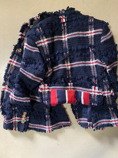 Neue $4900 Thom Browne Damen-Blazerjacke mit Karomuster aus Wollmischung, Marineblau, 38/2, Italien