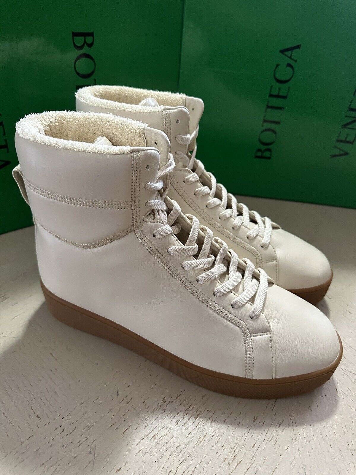 NIB 950 $ Bottega Veneta Herren-Leder-High-Top-Sneaker-Schuhe Weiß 8 US/41 Eu