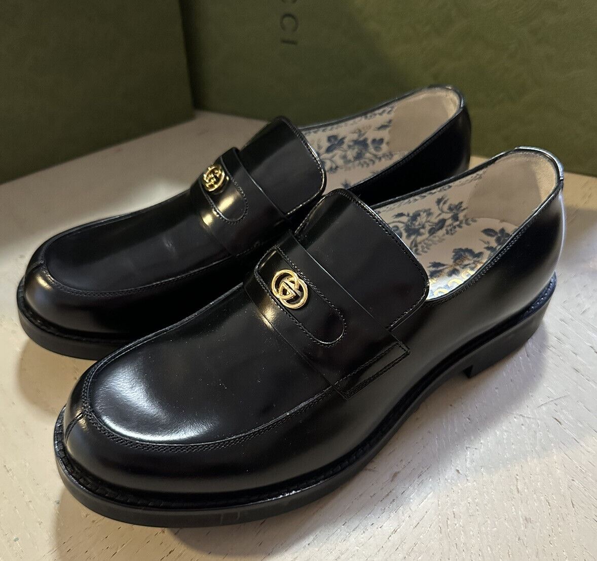 NIB $1400 Gucci Mens GG Leather Loafers Moccasin Shoes Black 7 US ( 6 Gucci )