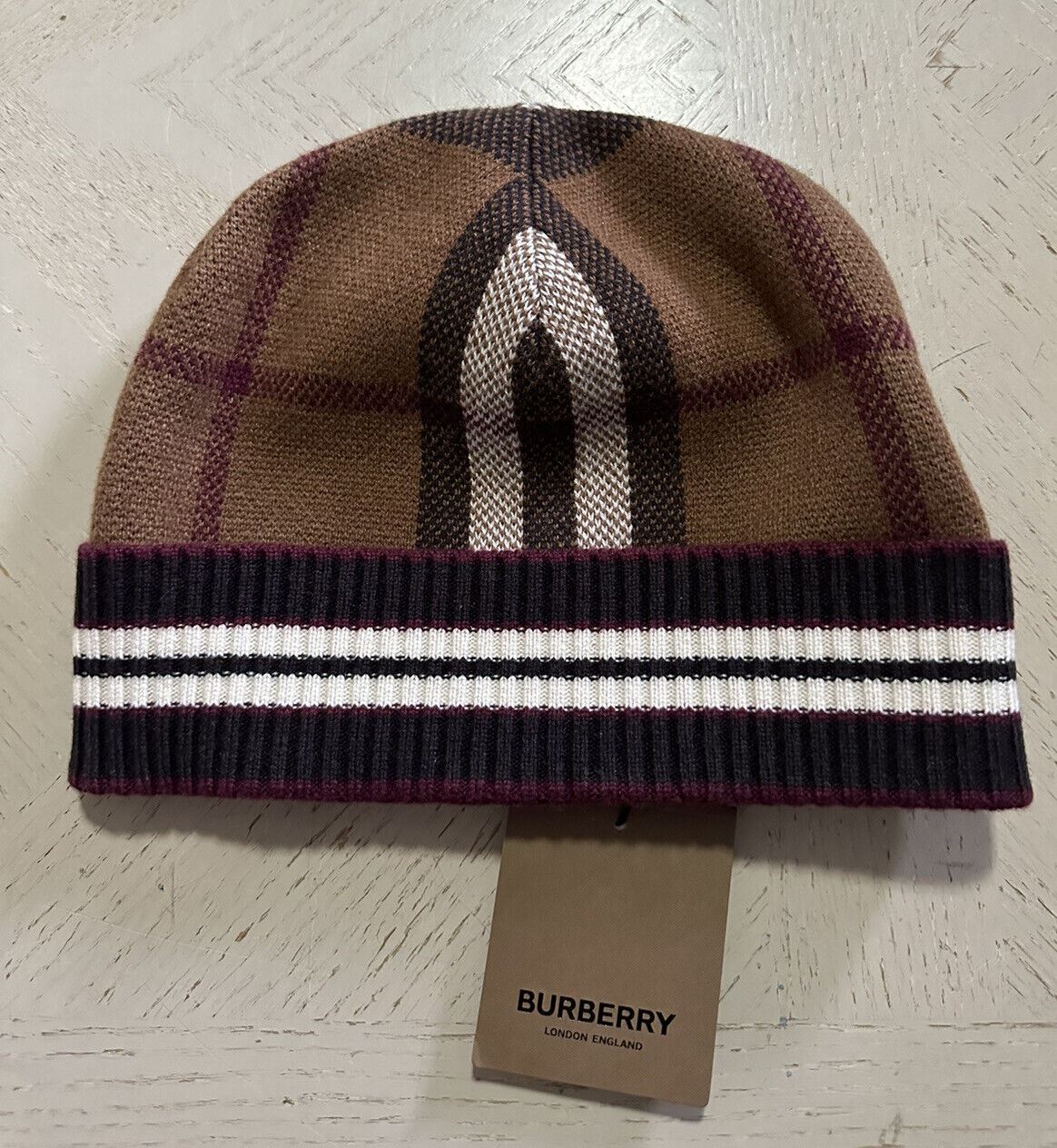 NWT Burberry Men’s Cashmere Beanie Hat Brown/Beige Size M-L