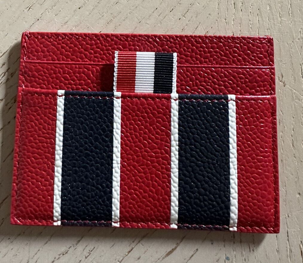 New $350 Thom Browne Men's Stripe Pebble Leather Single Card Holder Red Italy