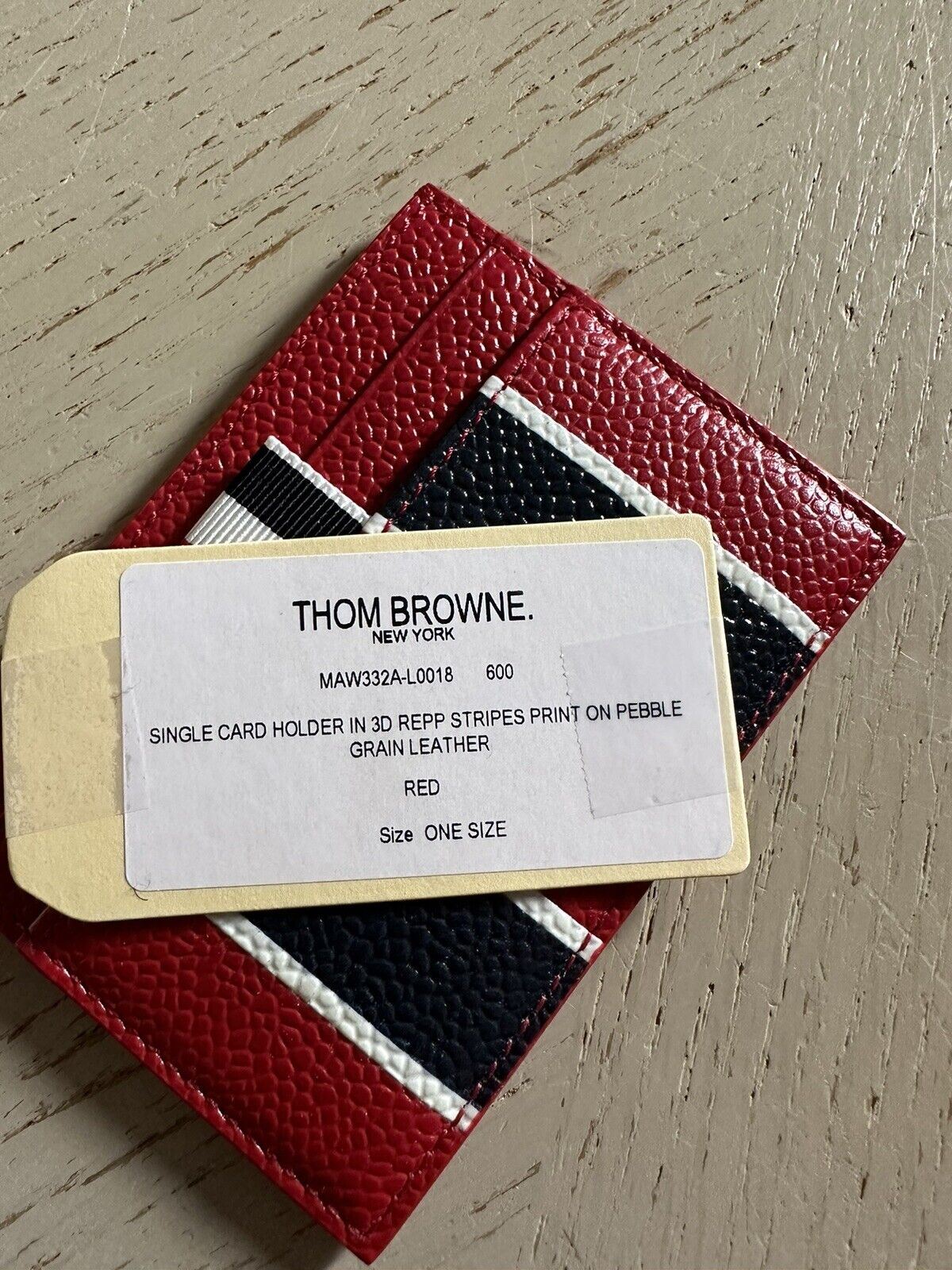 New $350 Thom Browne Men's Stripe Pebble Leather Single Card Holder Red Italy