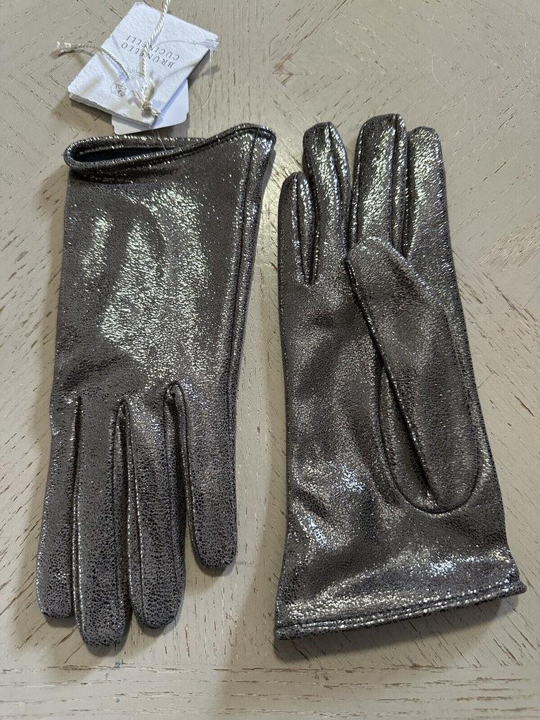 Neu mit Etikett: 650 $ Brunello Cucinelli Damen-Metallic-Lederhandschuhe, Farbe Silber, Größe M