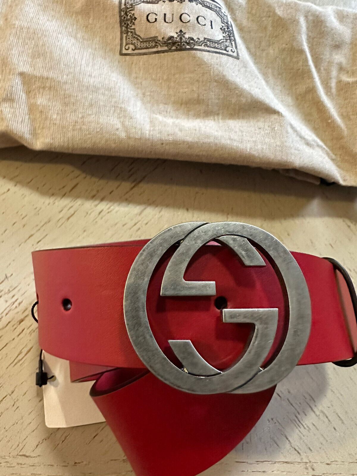 New Gucci Interlocking Leather GG Buckle Belt Rosso Red 90/36 546389
