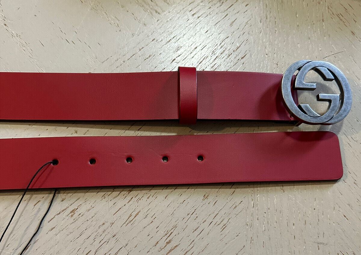 New Gucci Interlocking Leather GG Buckle Belt Rosso Red 90/36 546389