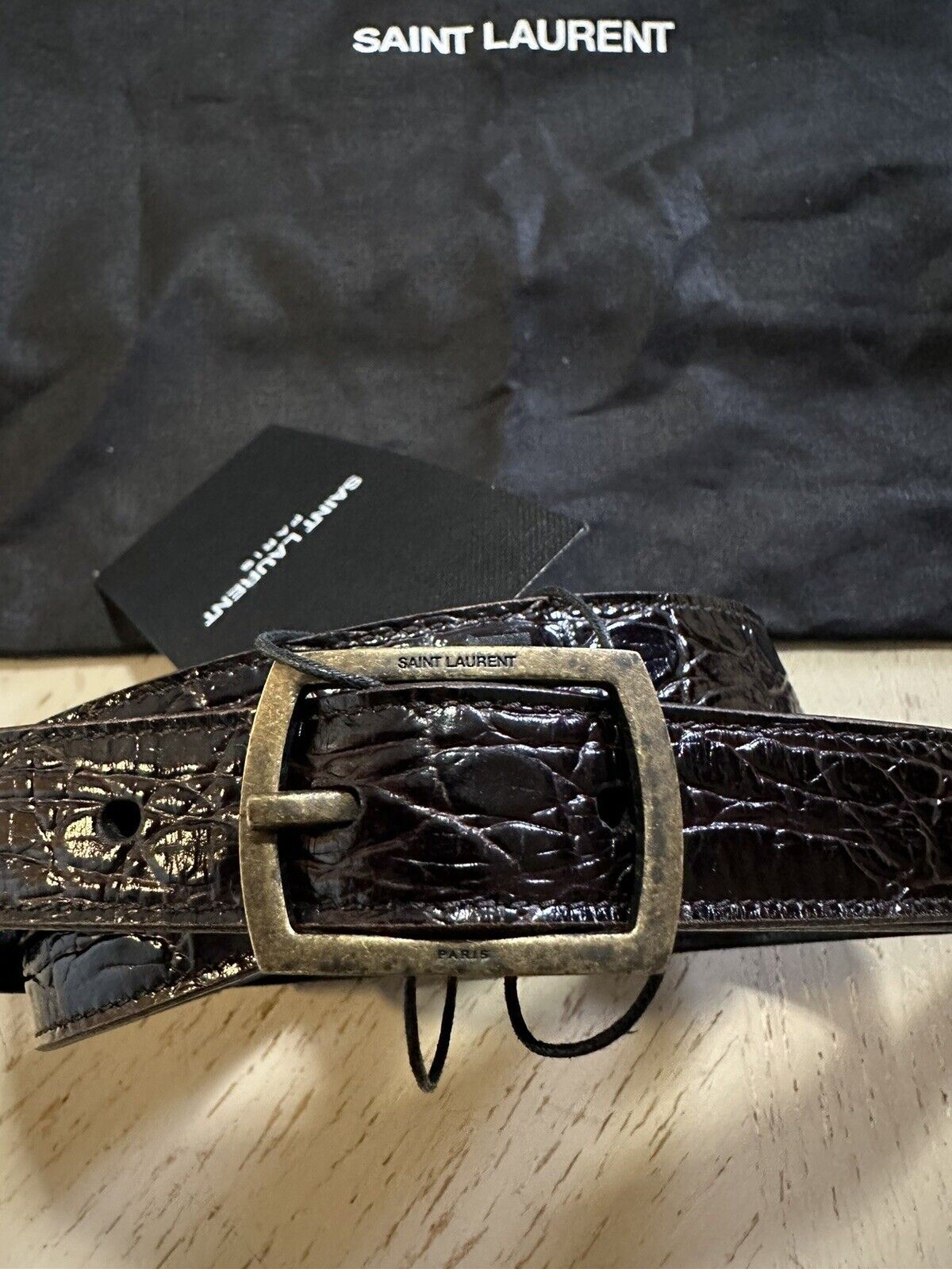 New Saint Laurent Men Crocodile Embossed Leather Belt Black 95/38