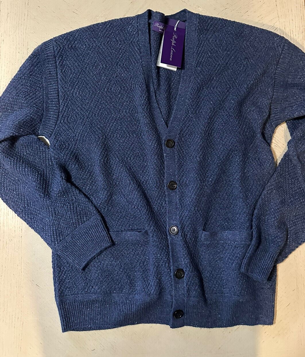 Neu mit Etikett: 1095 $ Ralph Lauren Purple Label Herren-Cardigan, Leinen/Cash. Pullover Blau L Ita.
