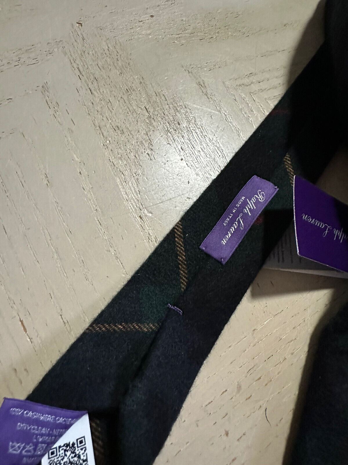 New $265 Ralph Lauren Purple Label Cashmere Neck Gr/Y/R Tie Hand made in Italy