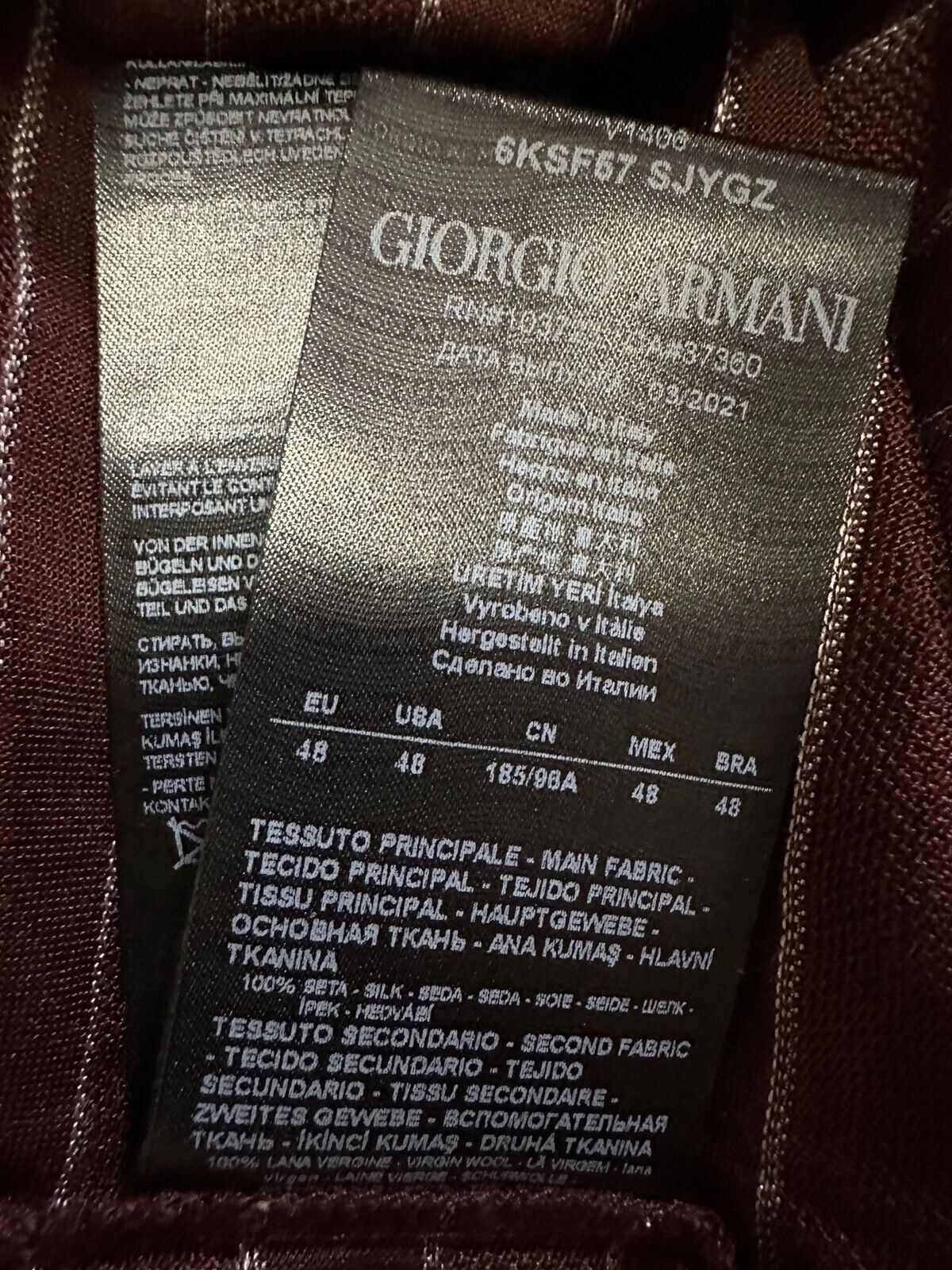 NWT $1025 Мужская шелковая футболка Giorgio Armani бордового цвета 38 США/48 ЕС (S) Италия