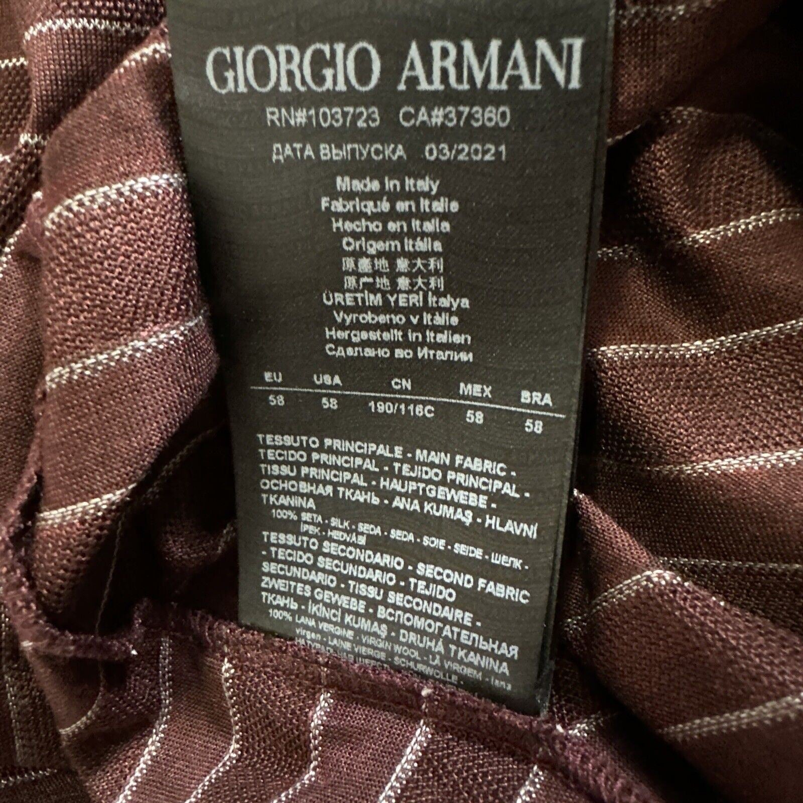 NWT $1025 Мужская шелковая футболка Giorgio Armani бордовая 48 США/58 ЕС (XXL) Италия