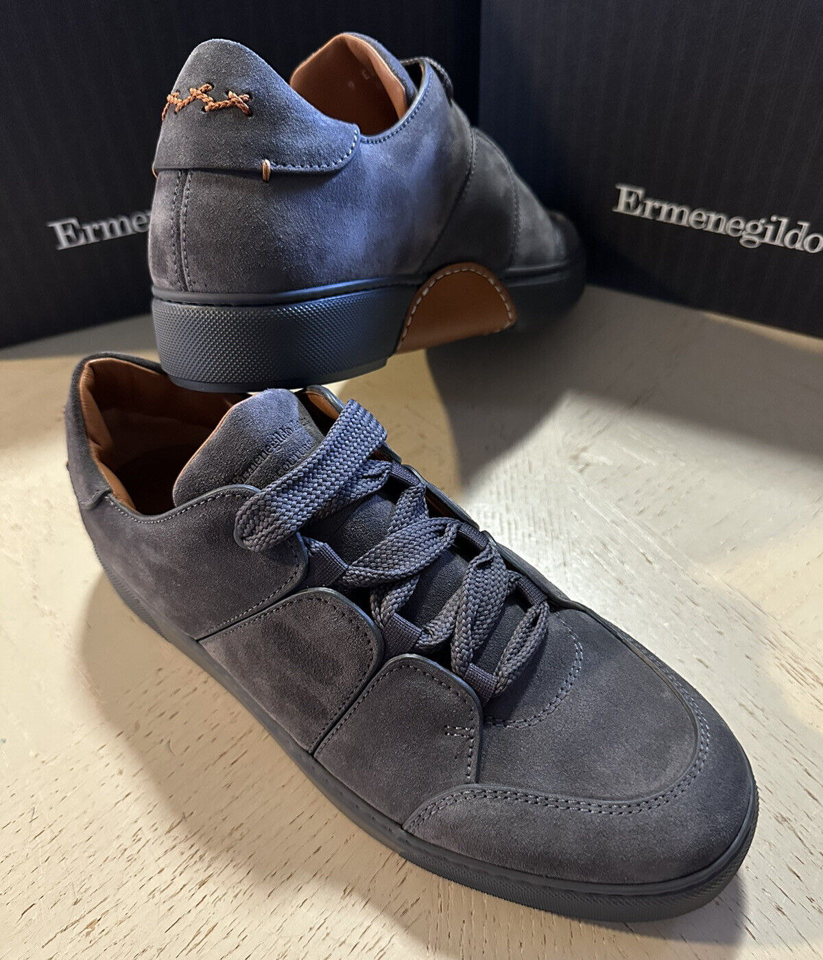 Neue $850 Ermenegildo Zegna Couture Wildleder/Leder Sneakers Schuhe Dunkelgrau 12 US