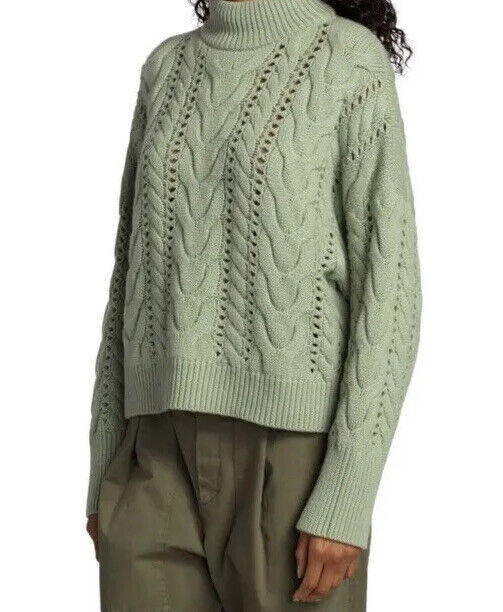 Neu $2995 Brunello Cucinelli Damen-Pullover mit Zopfmuster aus Schurwollmischung Grün L