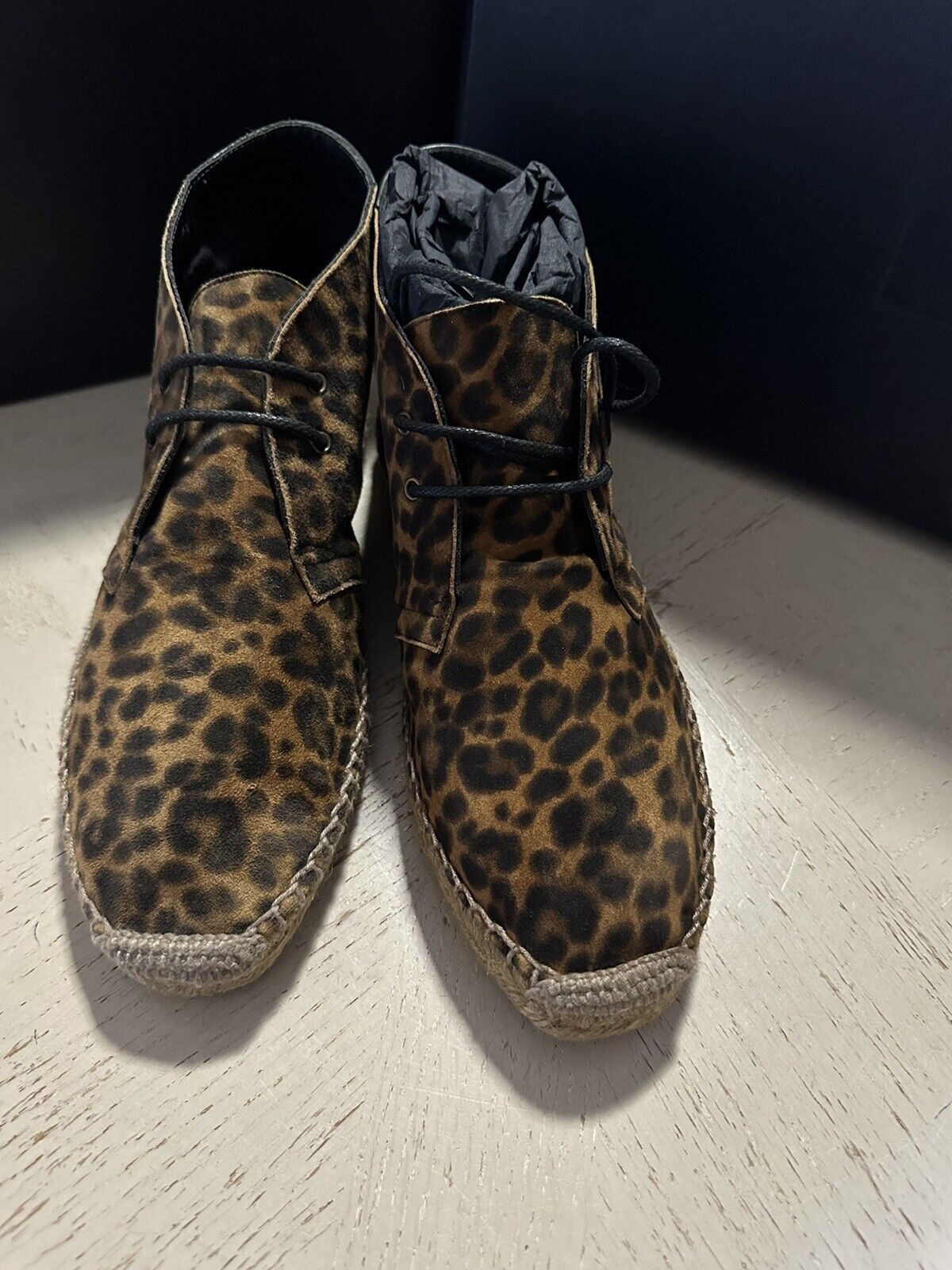 New Saint Laurent Men Suede Leopard Print Espadrille Shoes Coffee 8 US ( 41 Eu )