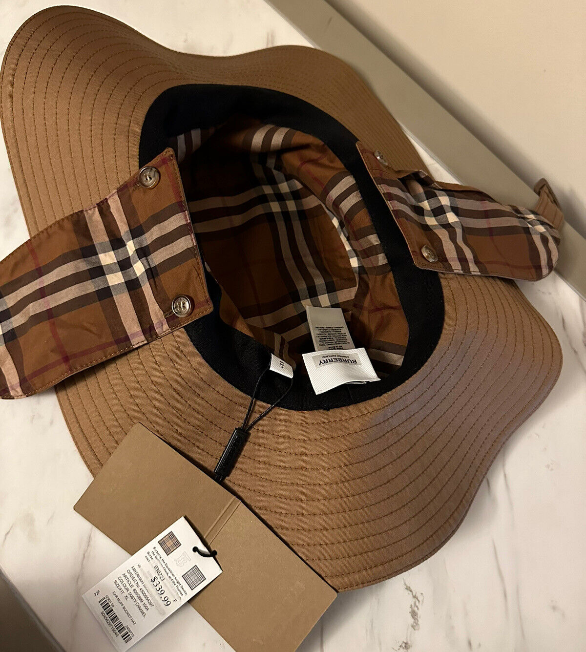 NWT $680 Burberry Ear Muffed Bucket Hat DUSTY CARAMEL Size XL  Italy