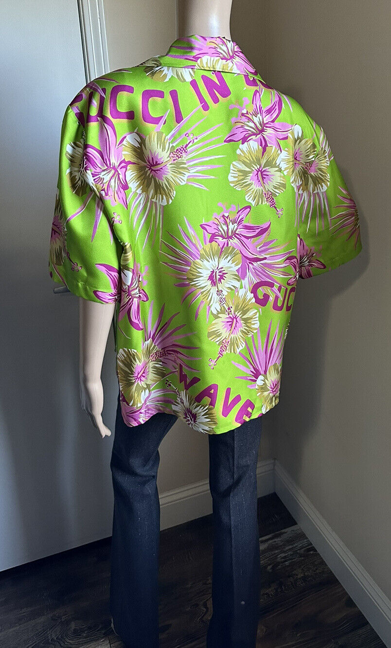 Neu $1480 Gucci Damen-Seidenhemd mit Gucci-Monogramm, Grün/Mehrfarbig, 12 US/46 Ita