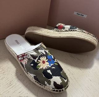 NIB MIU MIU Women Leather Embellished Espadrille Sandal 10 US/40 Eu Italy