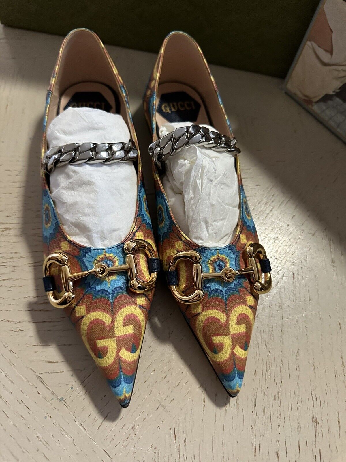 NIB Gucci Женские туфли-лодочки на плоской подошве с логотипом GG Синий/Оранжевый 7 US/37 EU 680953