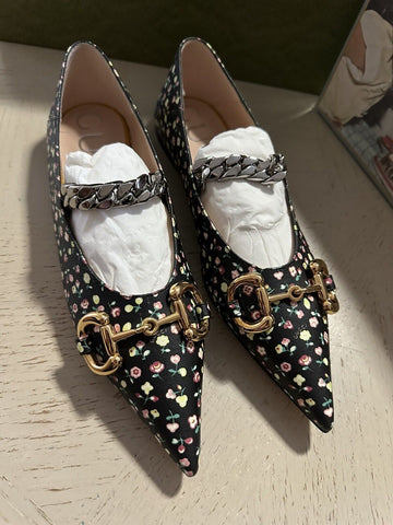 NIB Gucci Women FLORAL BALLET FLAT PUMPS Shoes Black/Multi 7.5 US/37.5 Eu 680953