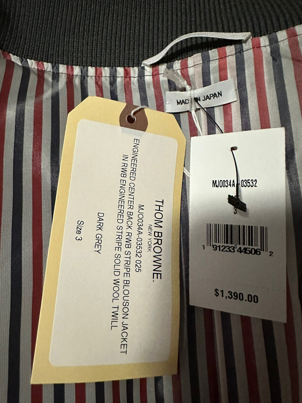 Новый мужской шерстяной саржевый бомбер Thom Browne за 1390 долларов США, серый размер 3 (L)