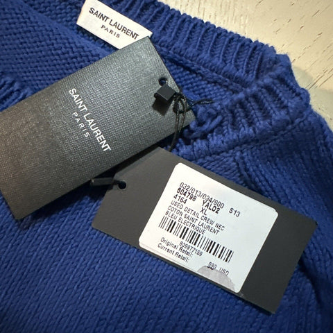 NWT $890 Мужской свитер с круглым вырезом Saint Laurent синий, размер XL, Италия