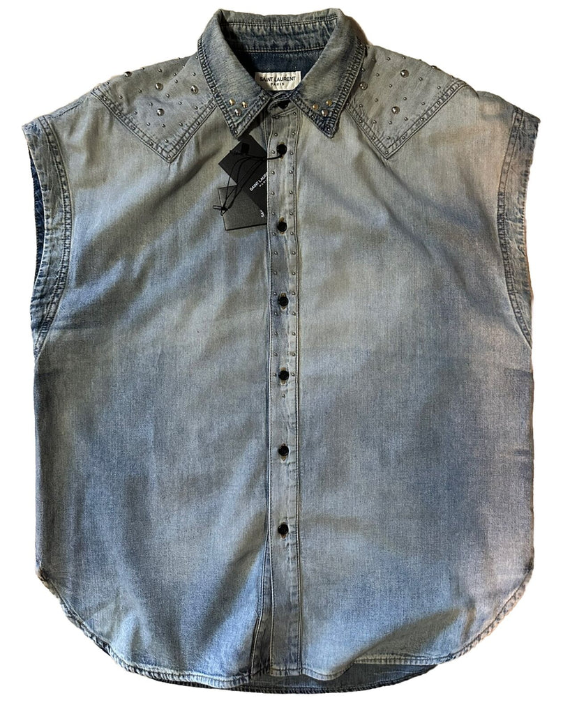 Neu mit Etikett: 1290 $ Saint Laurent 80er Jahre ärmelloses Jeanshemd Soft Sand Blue Größe XL