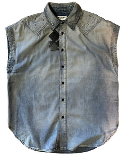 Neu mit Etikett: 1290 $ Saint Laurent 80er Jahre ärmelloses Jeanshemd Soft Sand Blue Größe XL