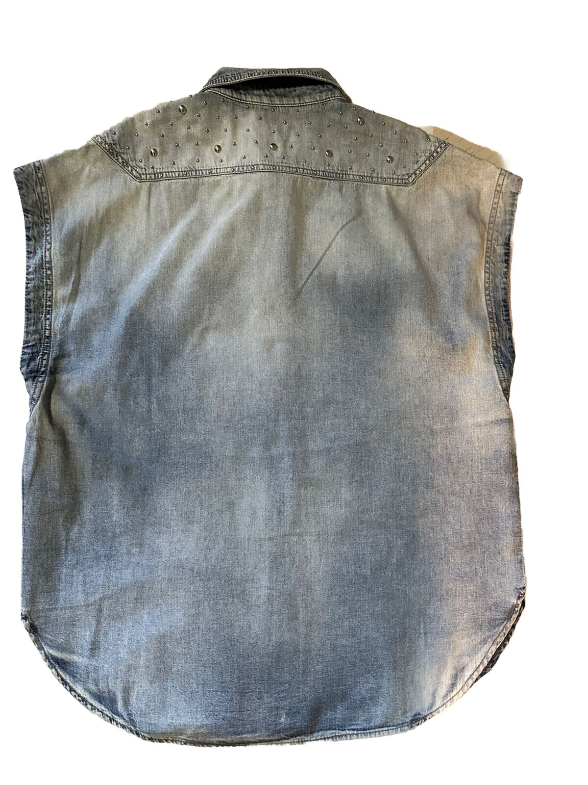 Neu mit Etikett: 1290 $ Saint Laurent 80er Jahre ärmelloses Jeanshemd Soft Sand Blue Größe XL