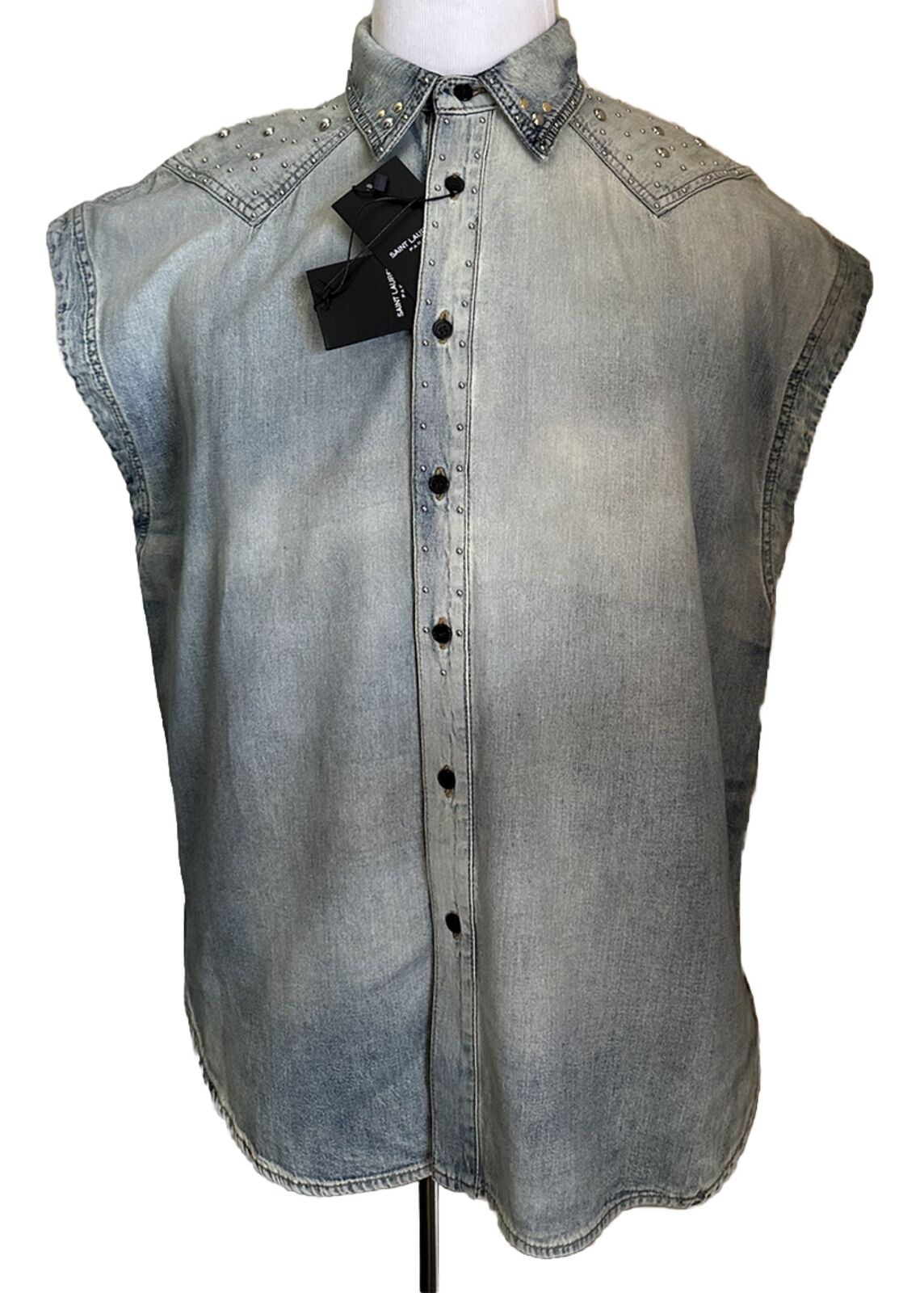 NWT $1290 Джинсовая рубашка без рукавов Saint Laurent 80-х годов Soft Sand Blue, размер XL