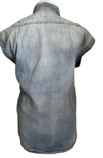 Neu mit Etikett: 1290 $ Saint Laurent 80er Jahre ärmelloses Jeanshemd Soft Sand Blue Größe XL