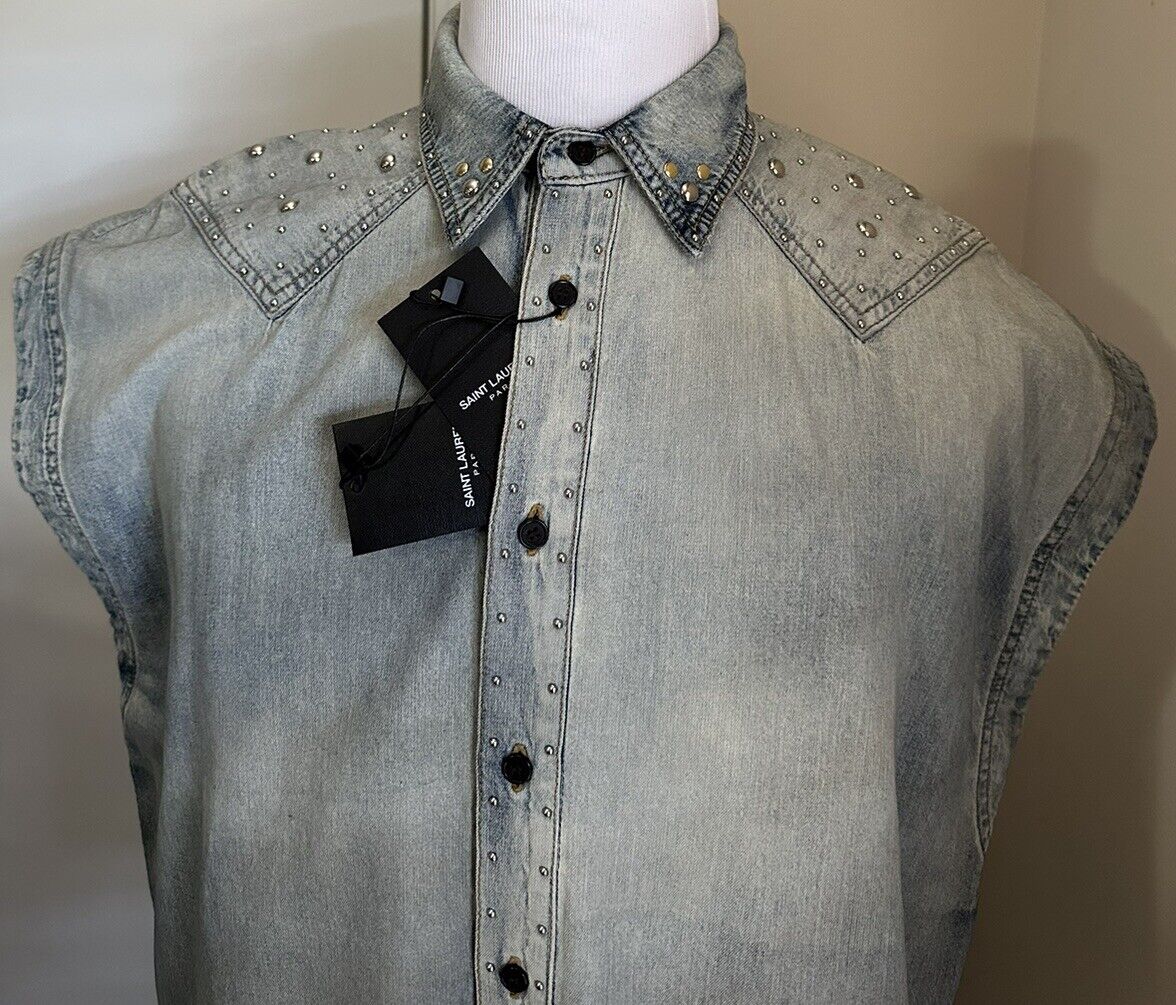 NWT $1290 Джинсовая рубашка без рукавов Saint Laurent 80-х годов Soft Sand Blue, размер XL