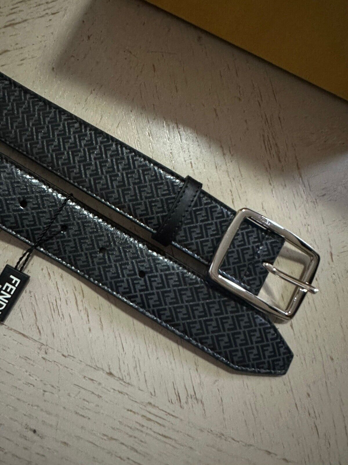 New $590 Fendi Men FF Logo Leather Belt Gray/Black 110/44