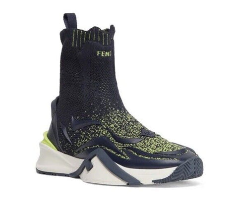 NIB $1190 Fendi Men Contrast Knit High Top Sneakers Shoes Navy/Green 11 US/10 UK