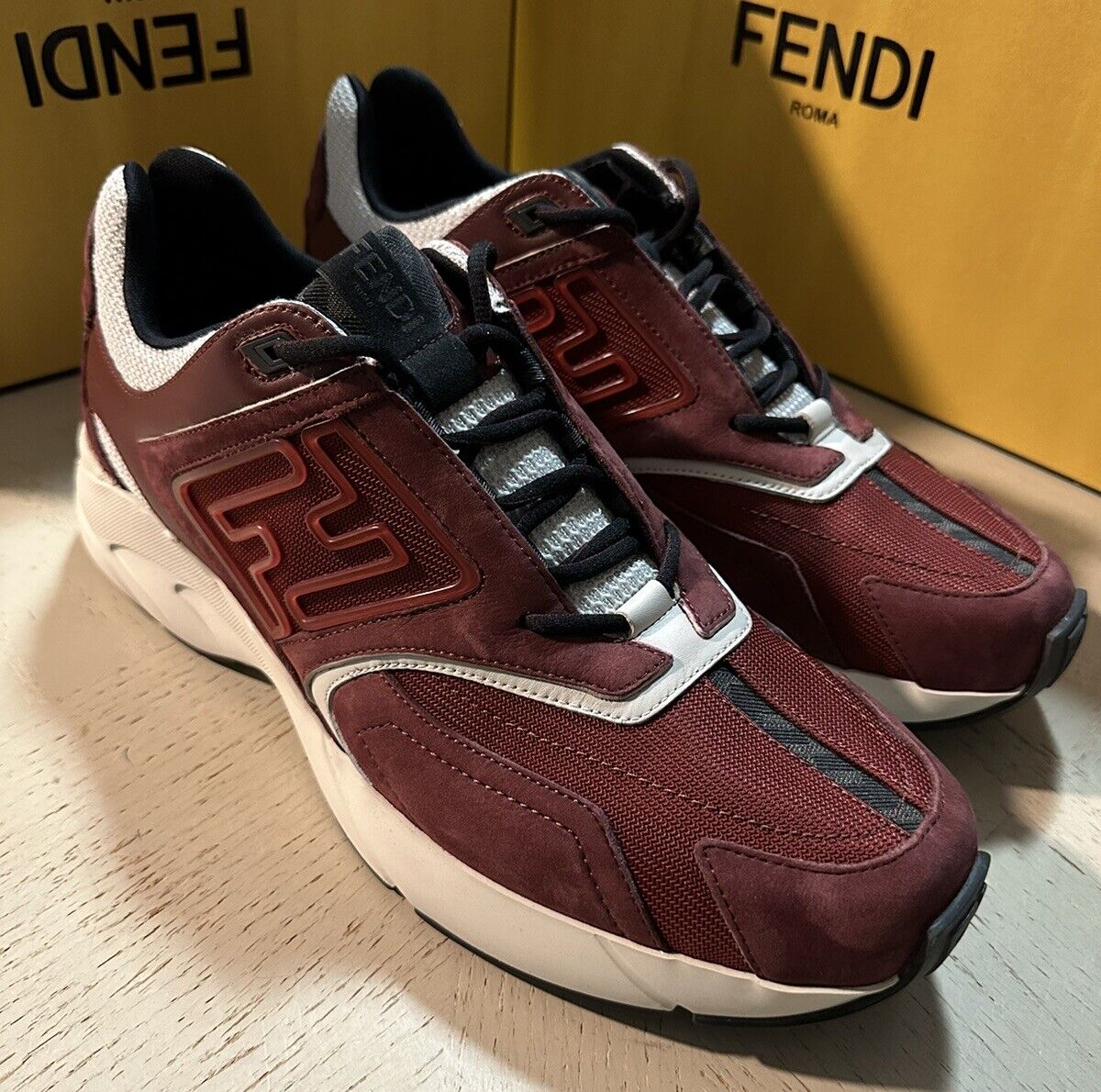 NIB $1100 Fendi Men FF Logo Athletic Sneakers Burgundy 10 US/9 UK
