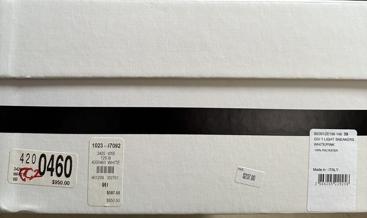 NIB $950 Женские кожаные/замшевые кроссовки Givenchy Белый/Розовый 9 США/39 ЕС Италия