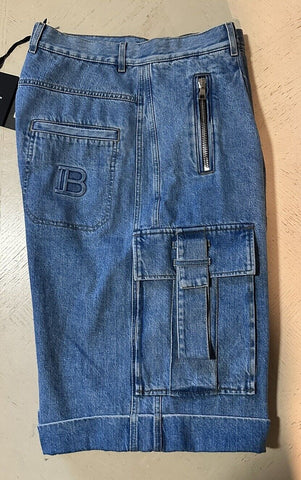 NWT $1395 Balmain Cargo Strapped Denim Shorts Pants Blue Size 34 US Italy