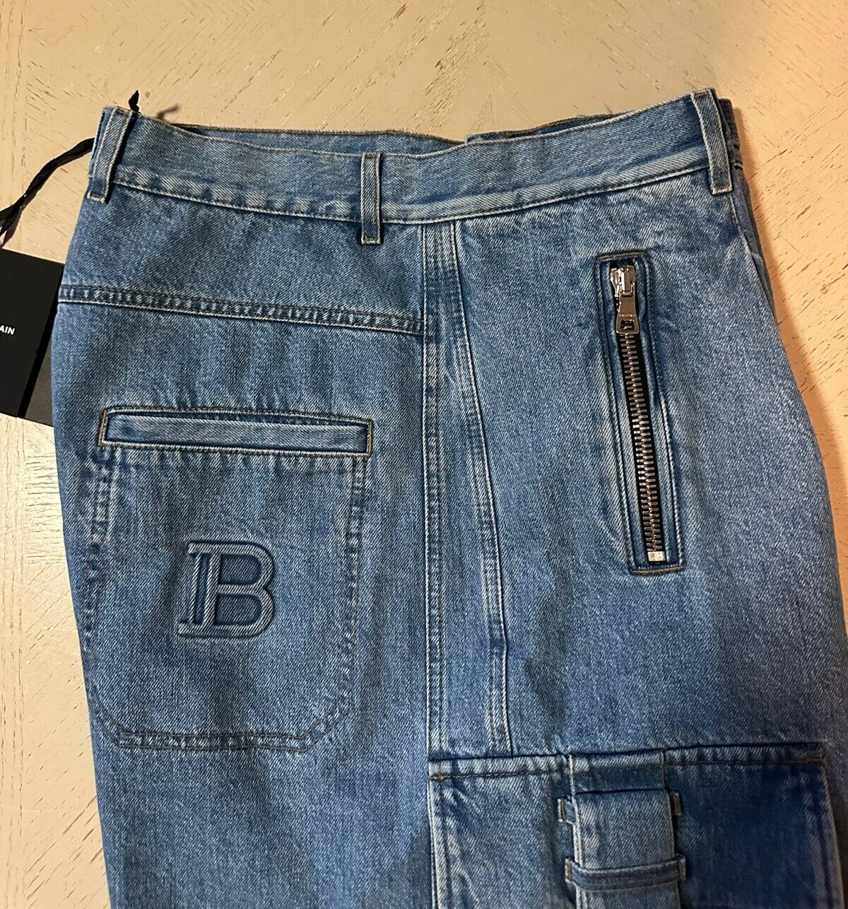 NWT $1395 Balmain Cargo Strapped Denim Shorts Pants Blue 34 US ( Measured 36 )