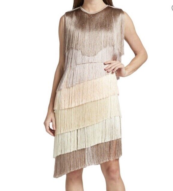New $3290 Fendi Colorblocked Tiered Fringe Dress Beige/Multi 38/4 Italy