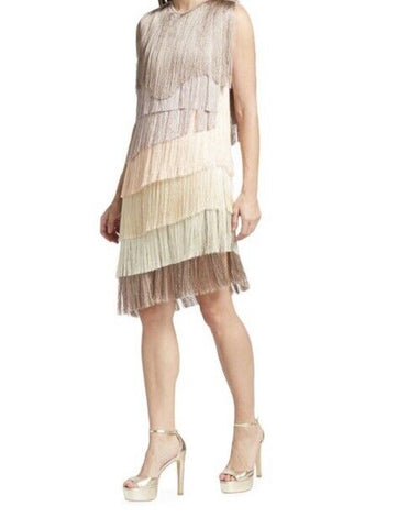 New $3290 Fendi Colorblocked Tiered Fringe Dress Beige/Multi 38/4 Italy